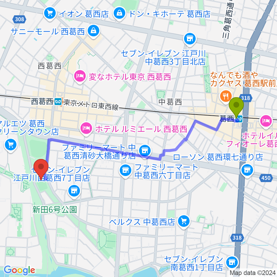 葛西駅から西葛西少年野球広場へのルートマップ地図