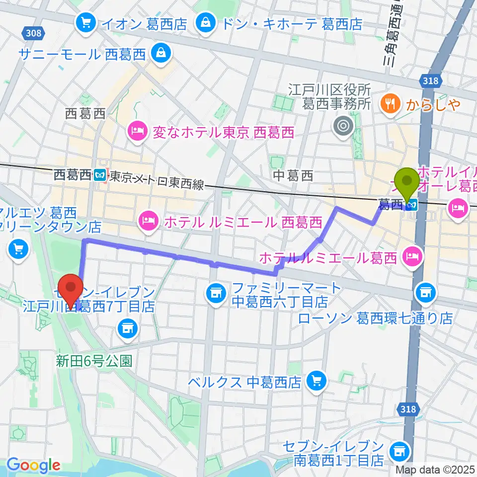 葛西駅から西葛西少年野球広場へのルートマップ地図