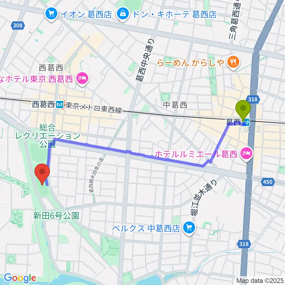 葛西駅から西葛西少年野球広場へのルートマップ地図