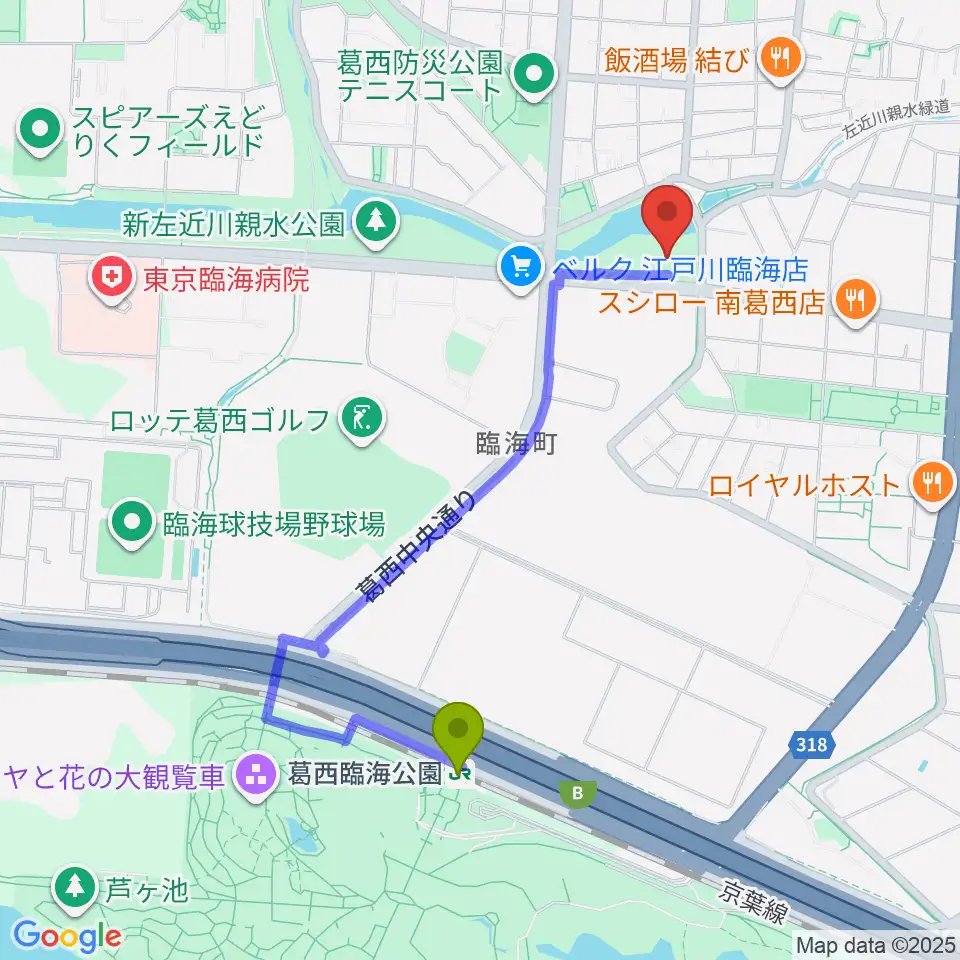 葛西ラグビースポーツパークの最寄駅葛西臨海公園駅からの徒歩ルート（約18分）地図