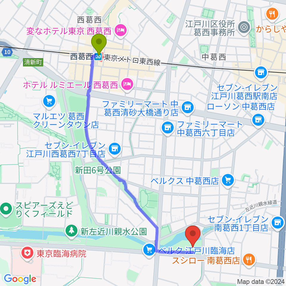 西葛西駅から葛西ラグビースポーツパークへのルートマップ地図