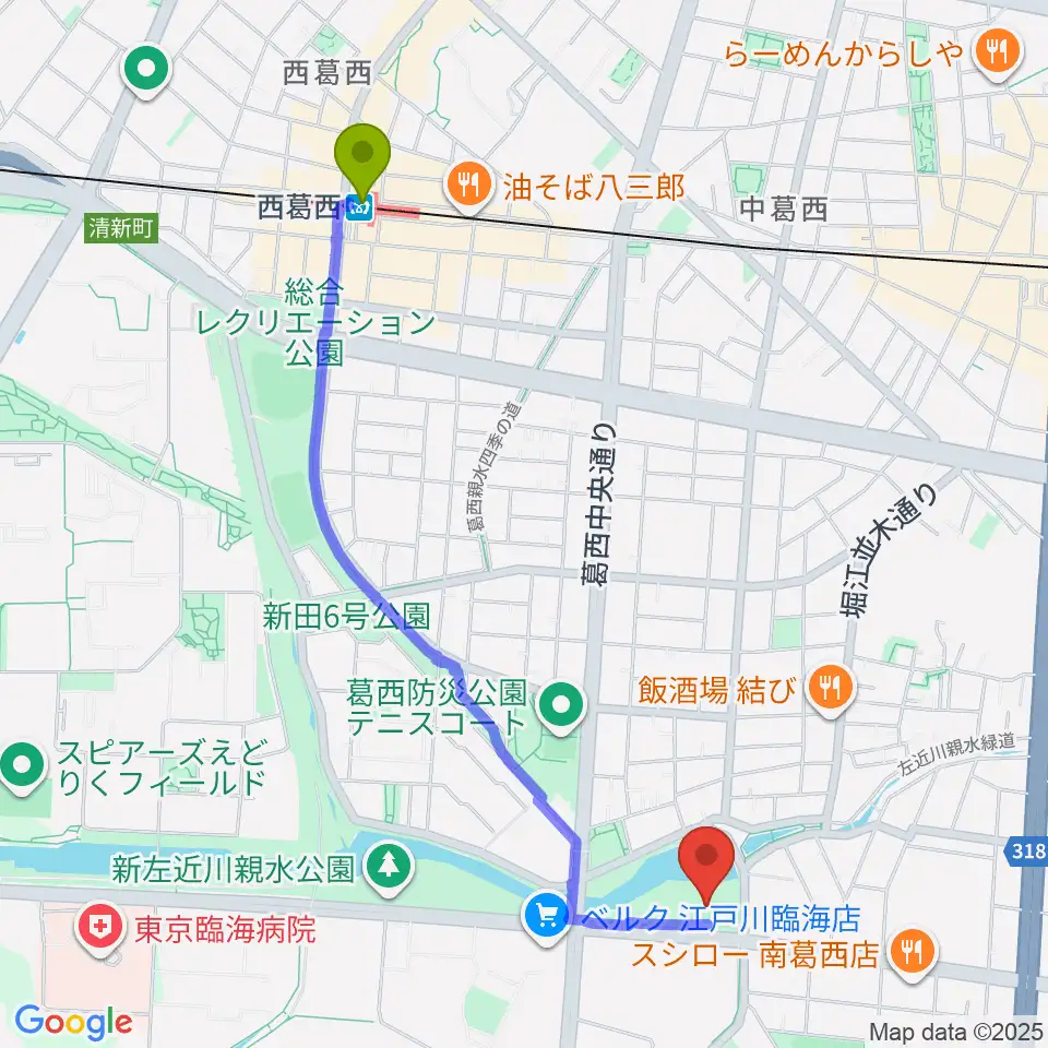 西葛西駅から葛西ラグビースポーツパークへのルートマップ地図