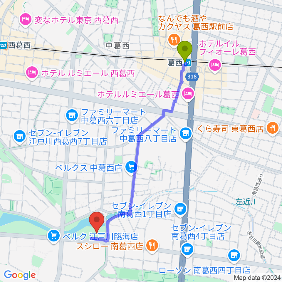 葛西駅から葛西ラグビースポーツパークへのルートマップ地図