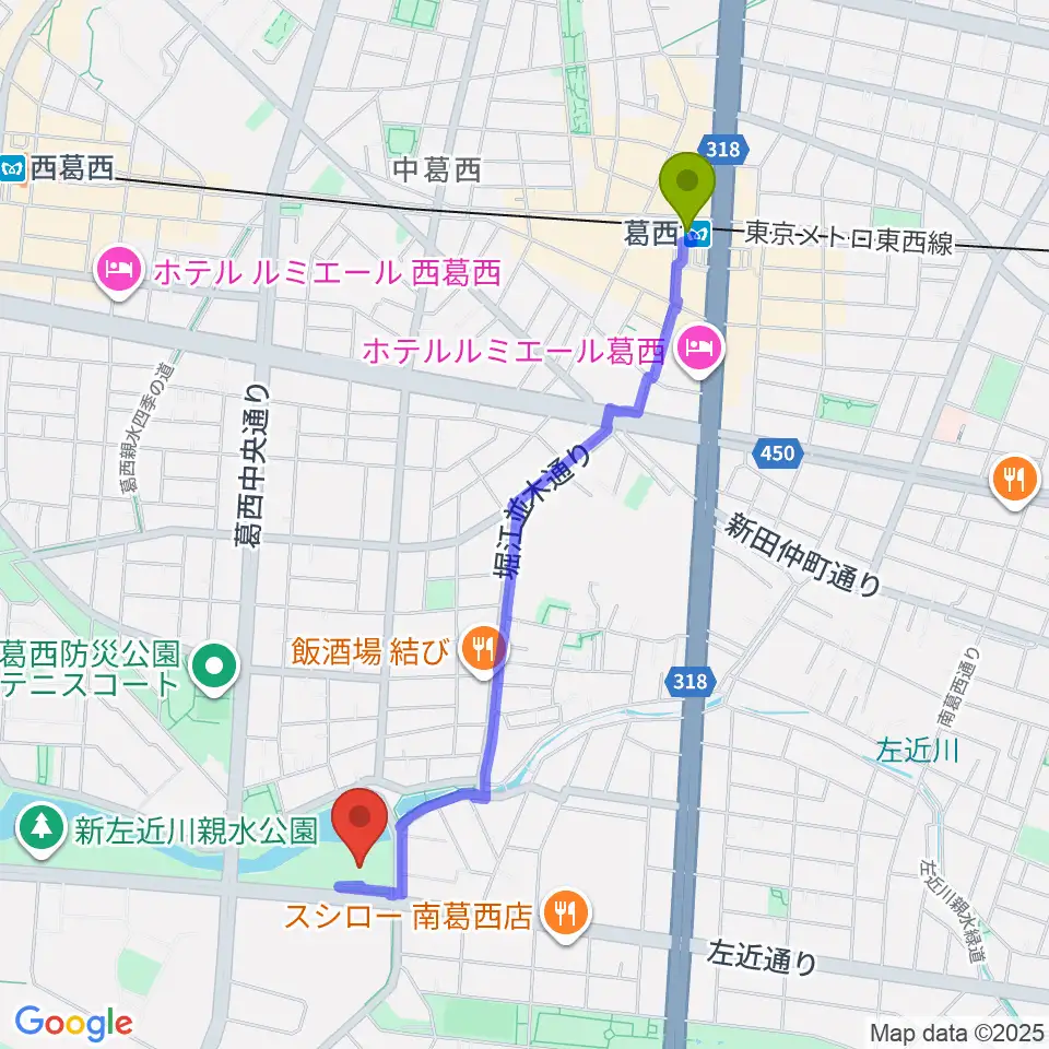 葛西駅から葛西ラグビースポーツパークへのルートマップ地図