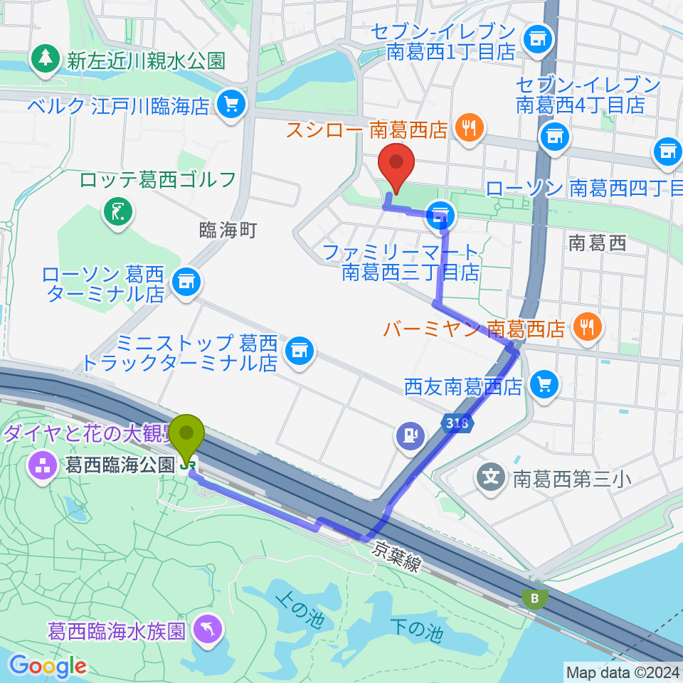 南葛西少年野球広場の最寄駅葛西臨海公園駅からの徒歩ルート（約16分）地図