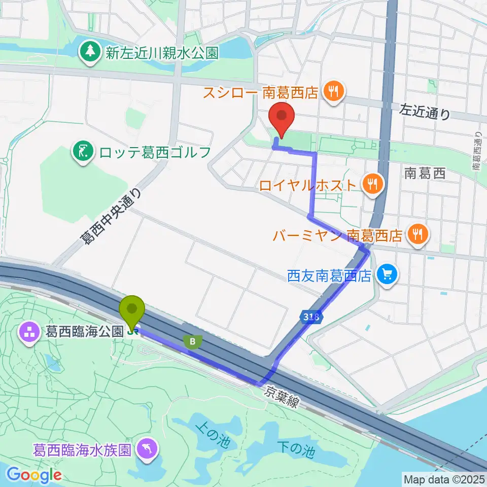 南葛西少年野球広場の最寄駅葛西臨海公園駅からの徒歩ルート（約16分）地図