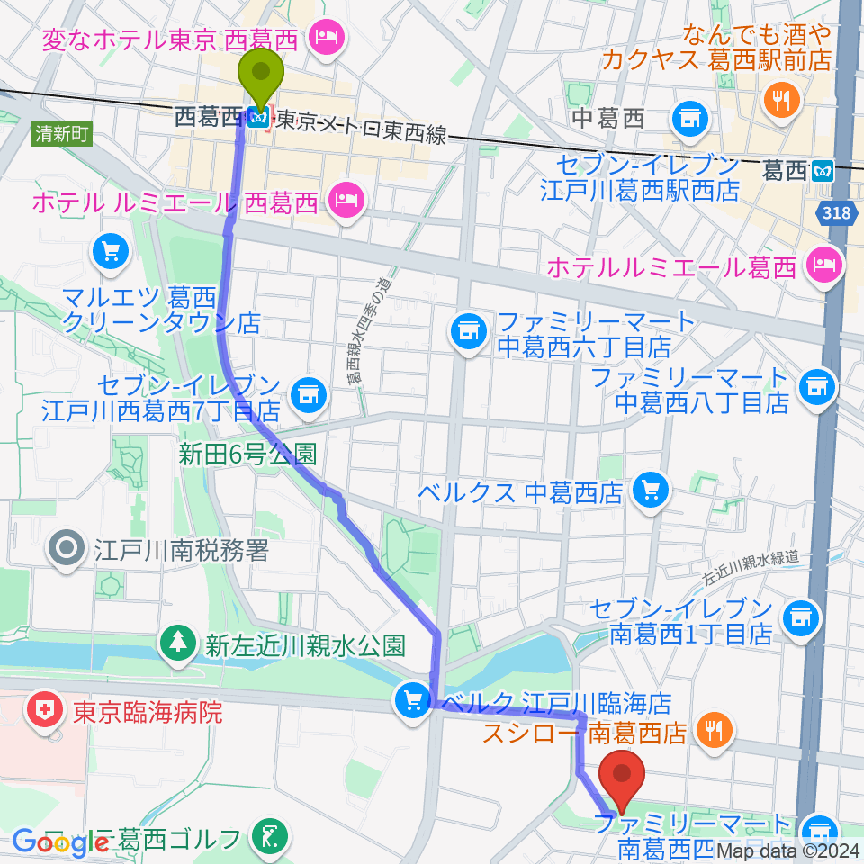 西葛西駅から南葛西少年野球広場へのルートマップ地図