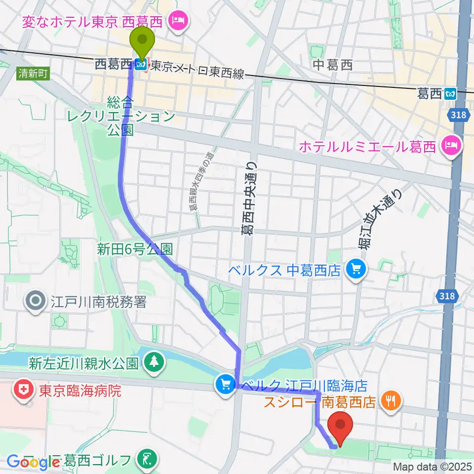 西葛西駅から南葛西少年野球広場へのルートマップ地図