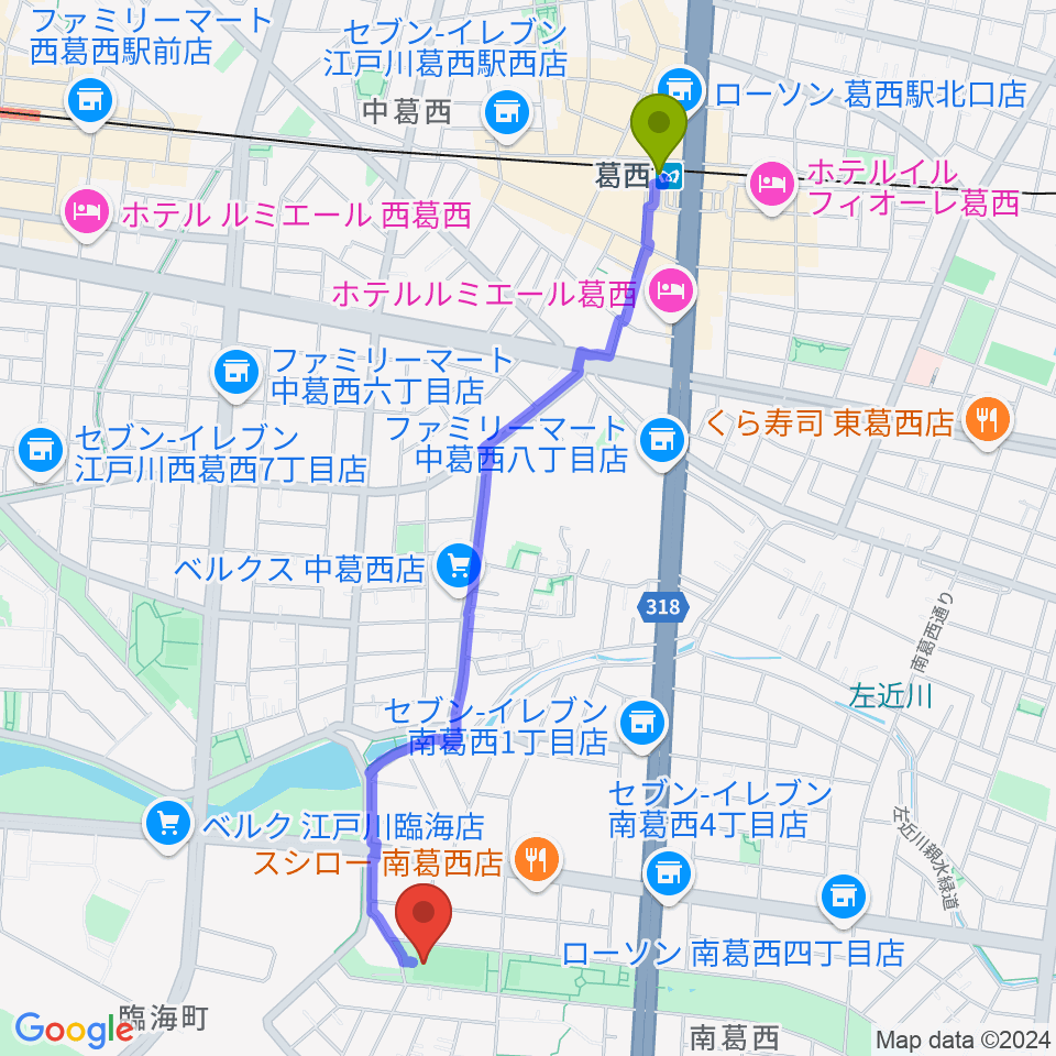 葛西駅から南葛西少年野球広場へのルートマップ地図