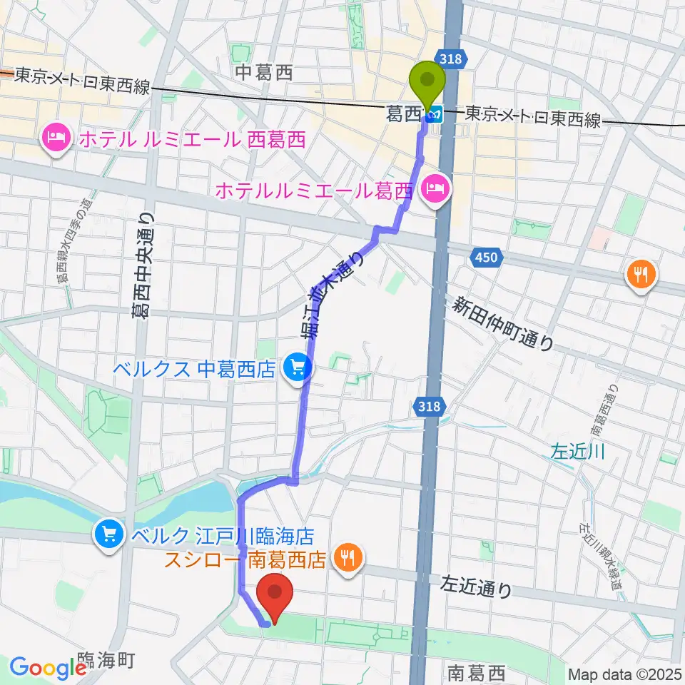 葛西駅から南葛西少年野球広場へのルートマップ地図