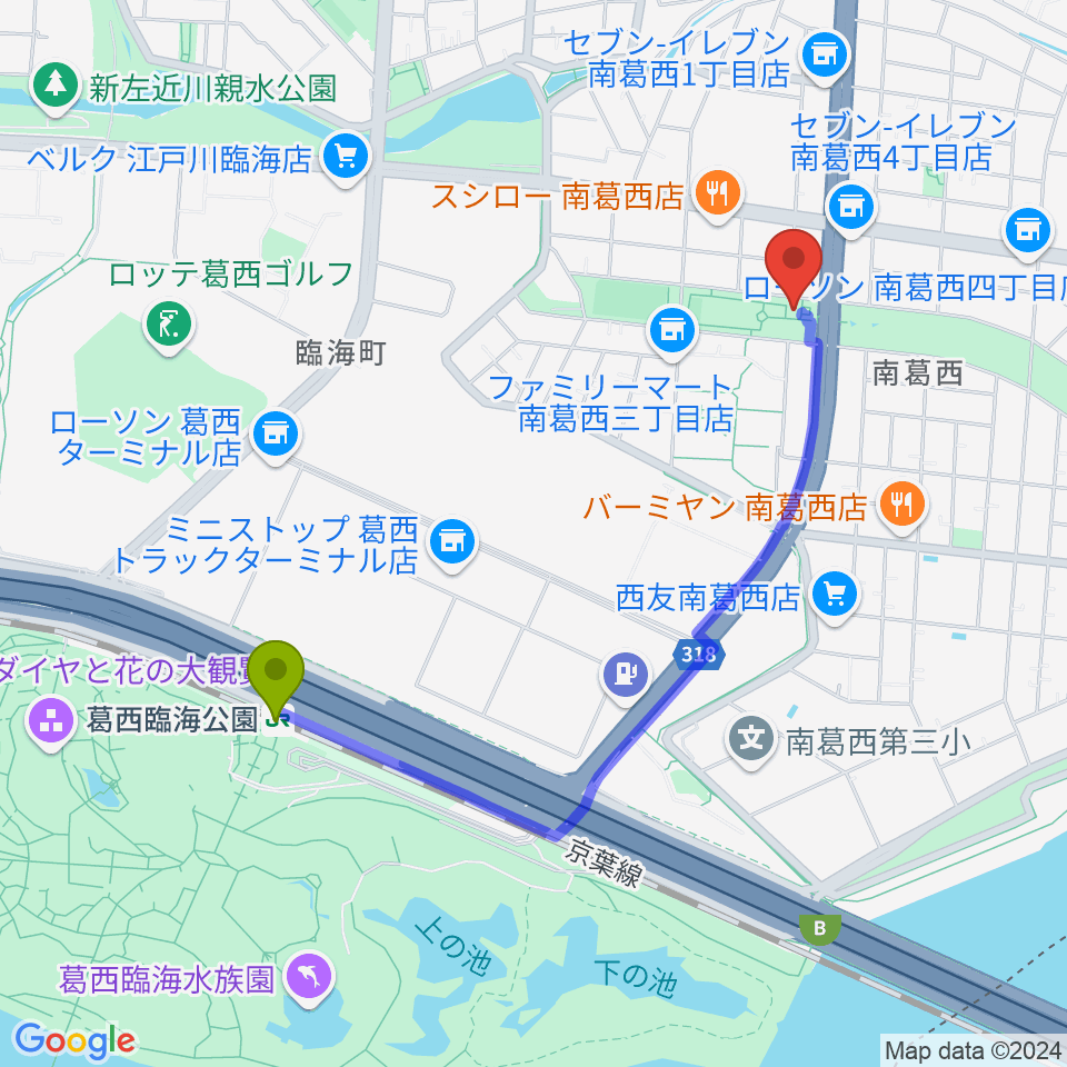 江戸川区総合レクリエーション公園相撲場の最寄駅葛西臨海公園駅からの徒歩ルート（約19分）地図