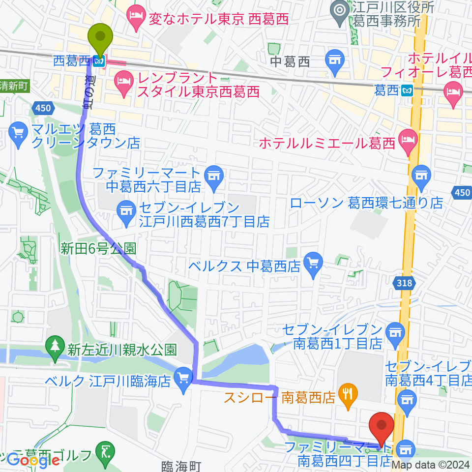 西葛西駅から江戸川区総合レクリエーション公園相撲場へのルートマップ地図