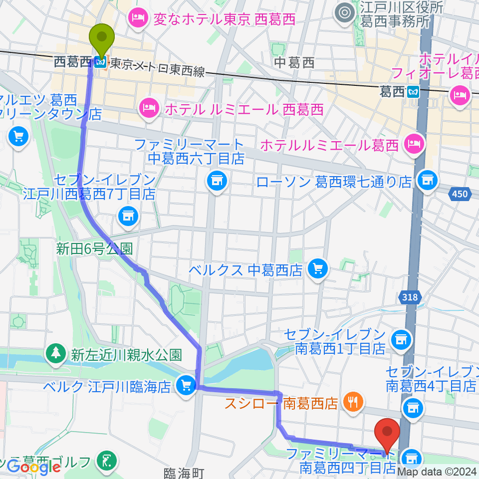 西葛西駅から江戸川区総合レクリエーション公園相撲場へのルートマップ地図