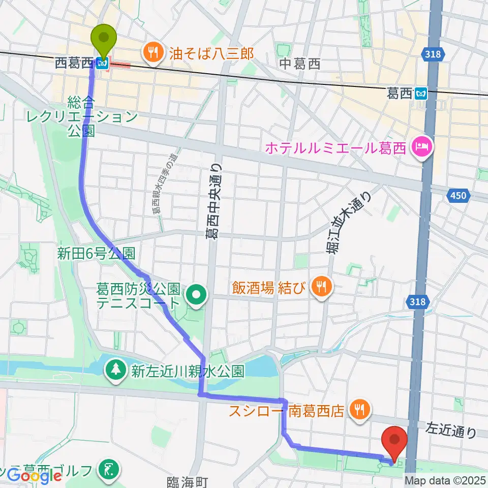 西葛西駅から江戸川区総合レクリエーション公園相撲場へのルートマップ地図