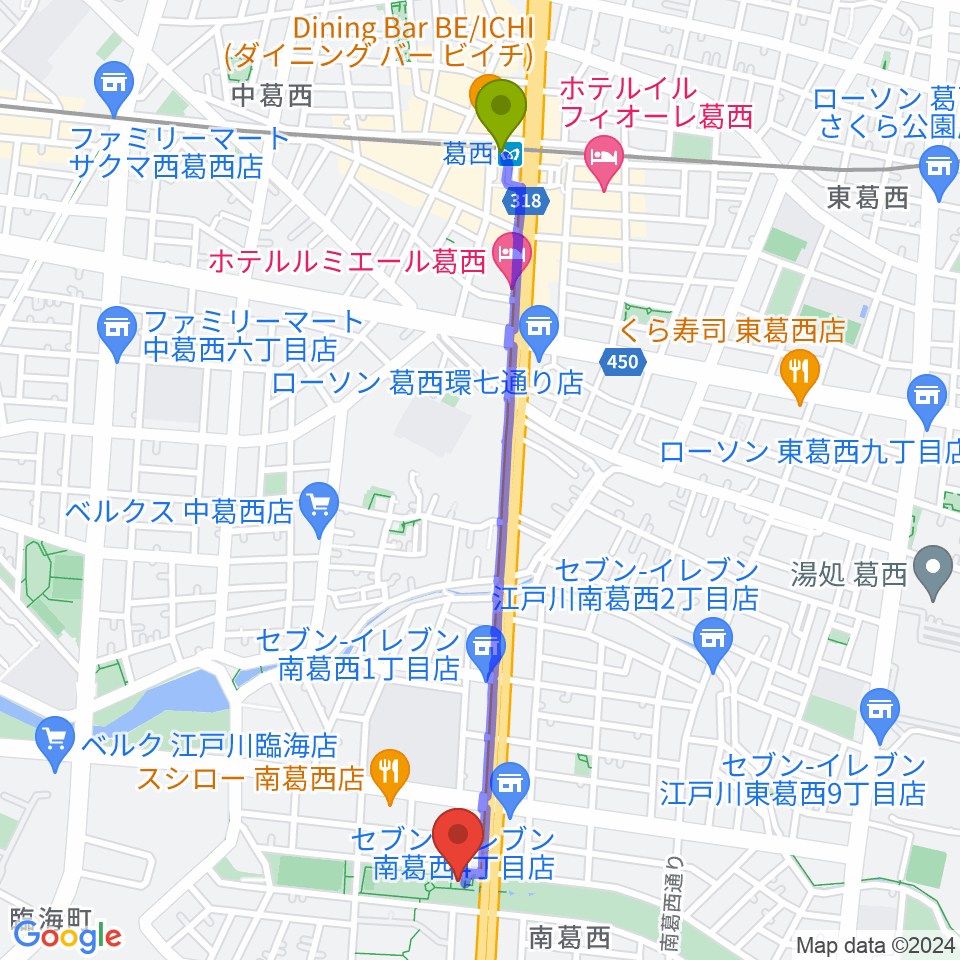 葛西駅から江戸川区総合レクリエーション公園相撲場へのルートマップ地図