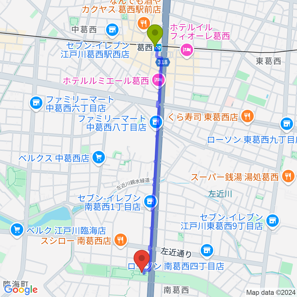 葛西駅から江戸川区総合レクリエーション公園相撲場へのルートマップ地図