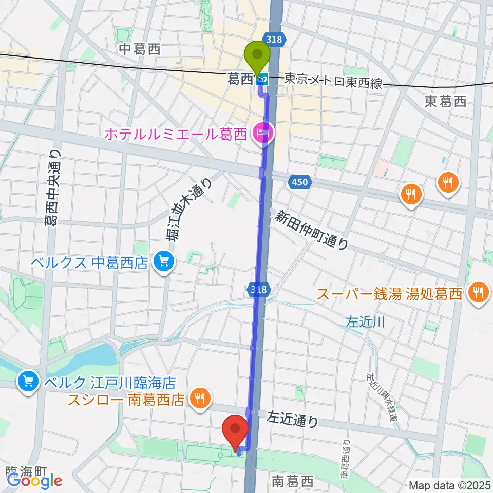葛西駅から江戸川区総合レクリエーション公園相撲場へのルートマップ地図