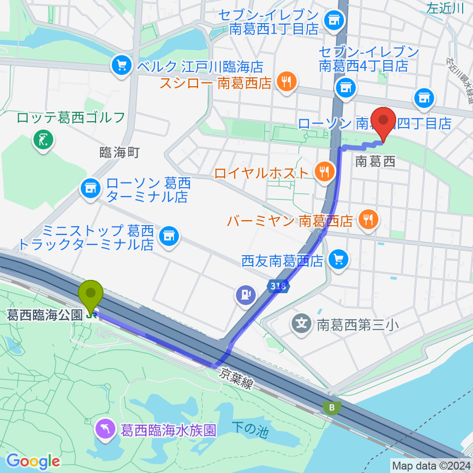 フラワーガーデンステージの最寄駅葛西臨海公園駅からの徒歩ルート（約22分）地図