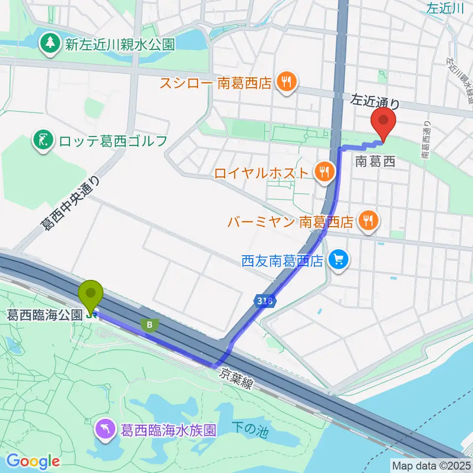 フラワーガーデンステージの最寄駅葛西臨海公園駅からの徒歩ルート（約22分）地図