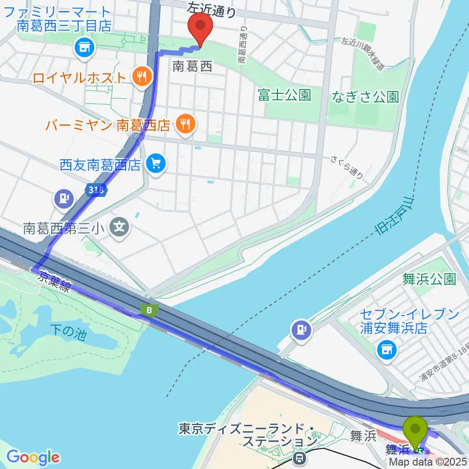 舞浜駅からフラワーガーデンステージへのルートマップ地図