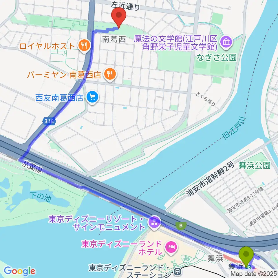 舞浜駅からフラワーガーデンステージへのルートマップ地図