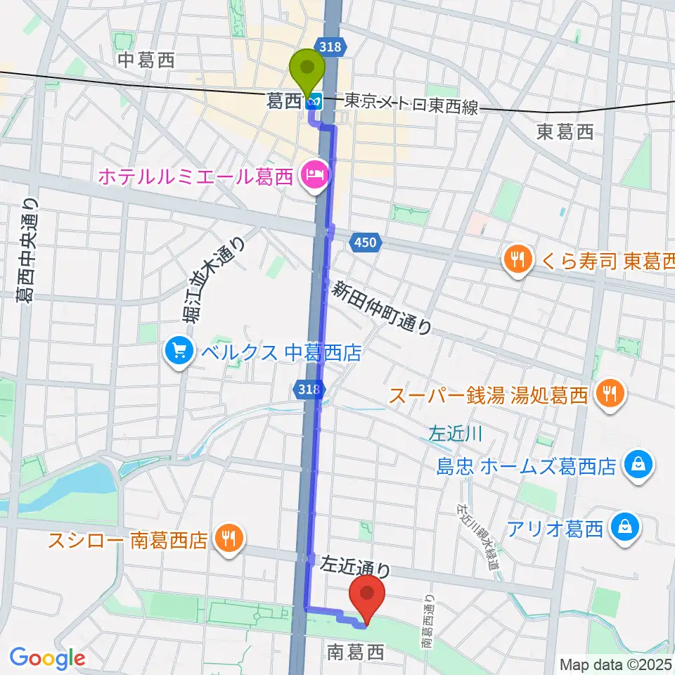 葛西駅からフラワーガーデンステージへのルートマップ地図