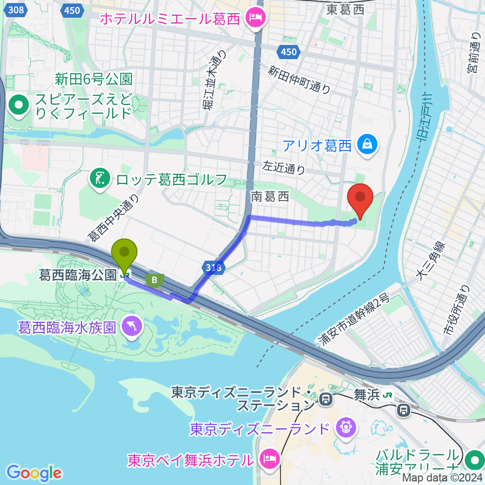 葛西臨海公園駅からなぎさ公園少年野球場広場へのルートマップ地図