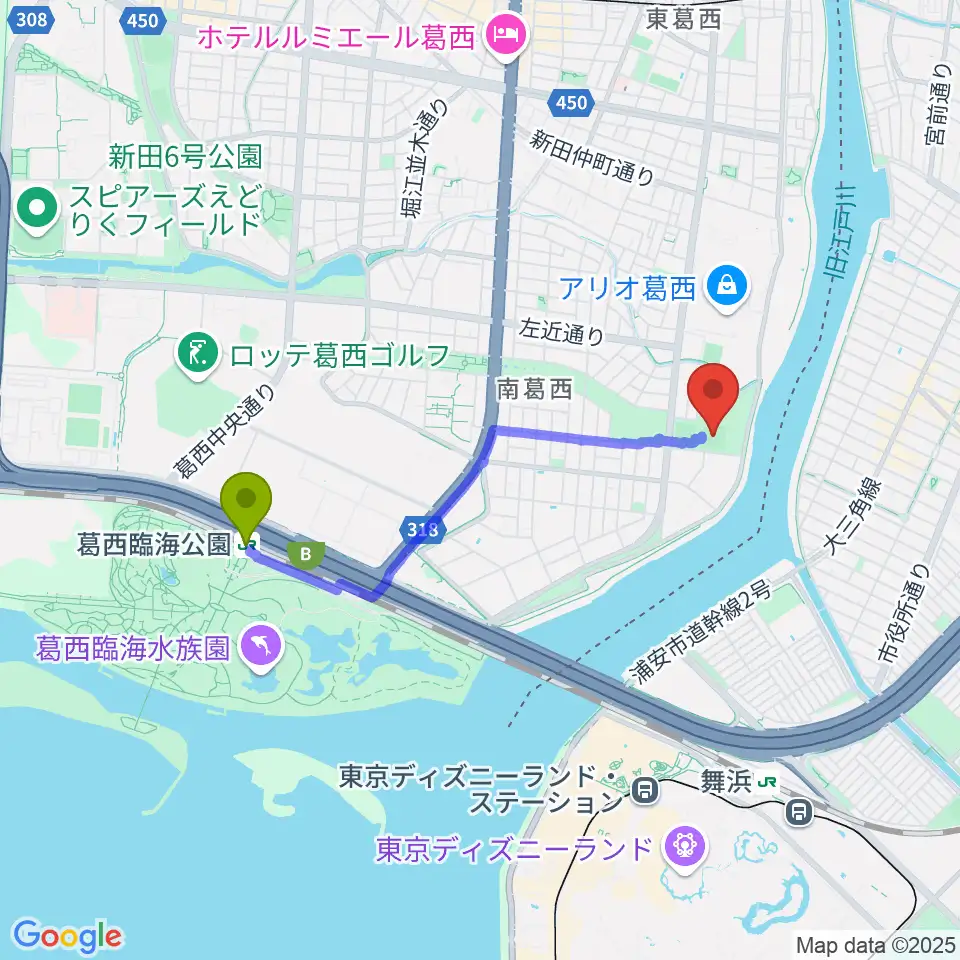 葛西臨海公園駅からなぎさ公園少年野球場広場へのルートマップ地図