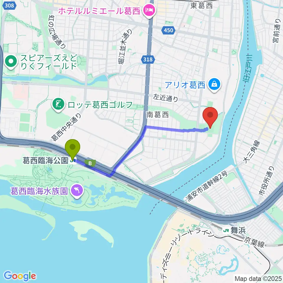 葛西臨海公園駅からなぎさ公園少年野球場広場へのルートマップ地図