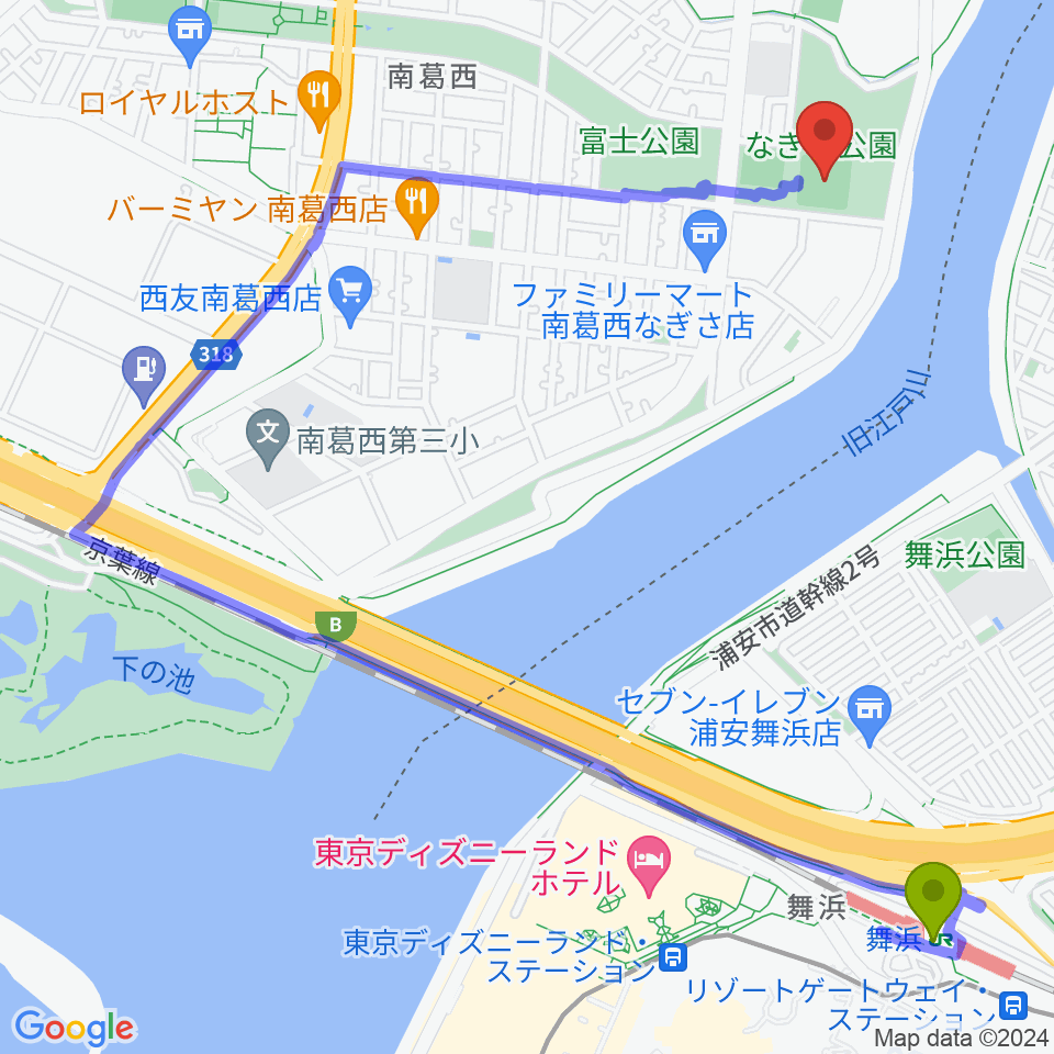 なぎさ公園少年野球場広場の最寄駅舞浜駅からの徒歩ルート（約23分）地図