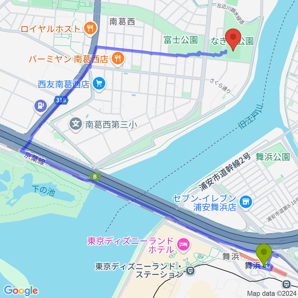 なぎさ公園少年野球場広場の最寄駅舞浜駅からの徒歩ルート（約23分）地図