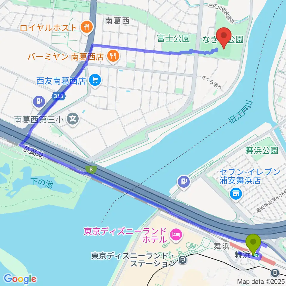 なぎさ公園少年野球場広場の最寄駅舞浜駅からの徒歩ルート（約23分）地図