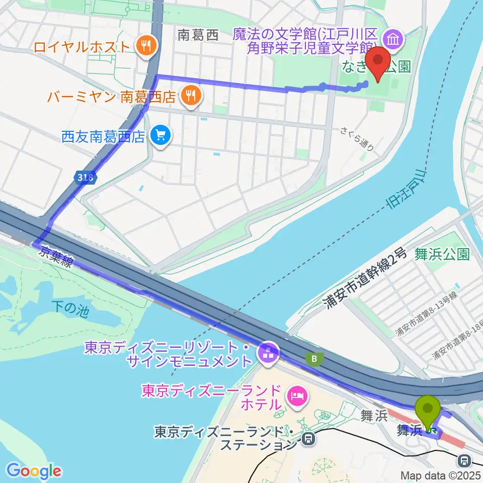 なぎさ公園少年野球場広場の最寄駅舞浜駅からの徒歩ルート（約23分）地図