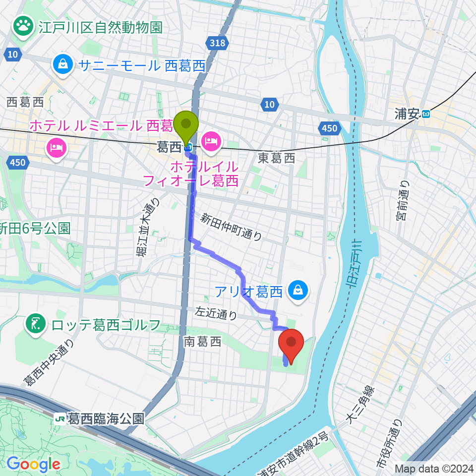 葛西駅からなぎさ公園少年野球場広場へのルートマップ地図