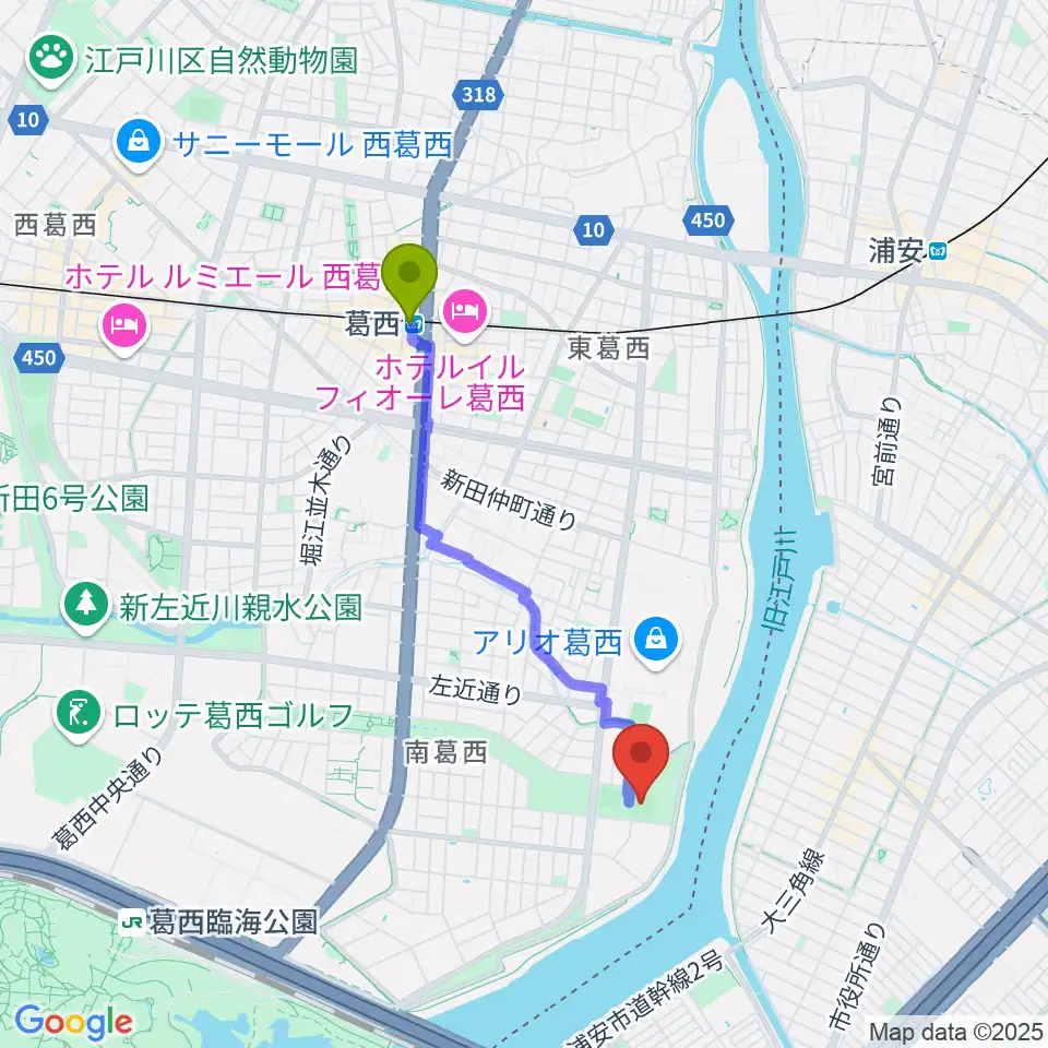 葛西駅からなぎさ公園少年野球場広場へのルートマップ地図