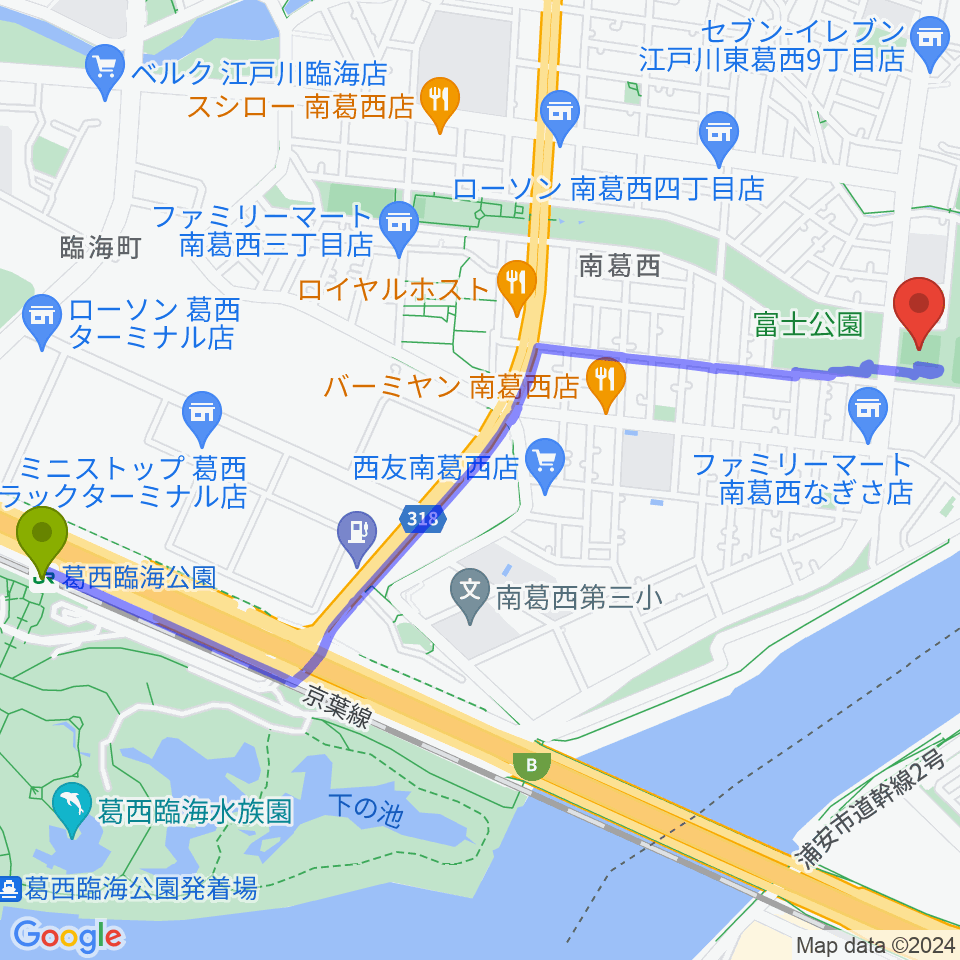 葛西臨海公園駅からなぎさ公園スポーツ広場へのルートマップ地図
