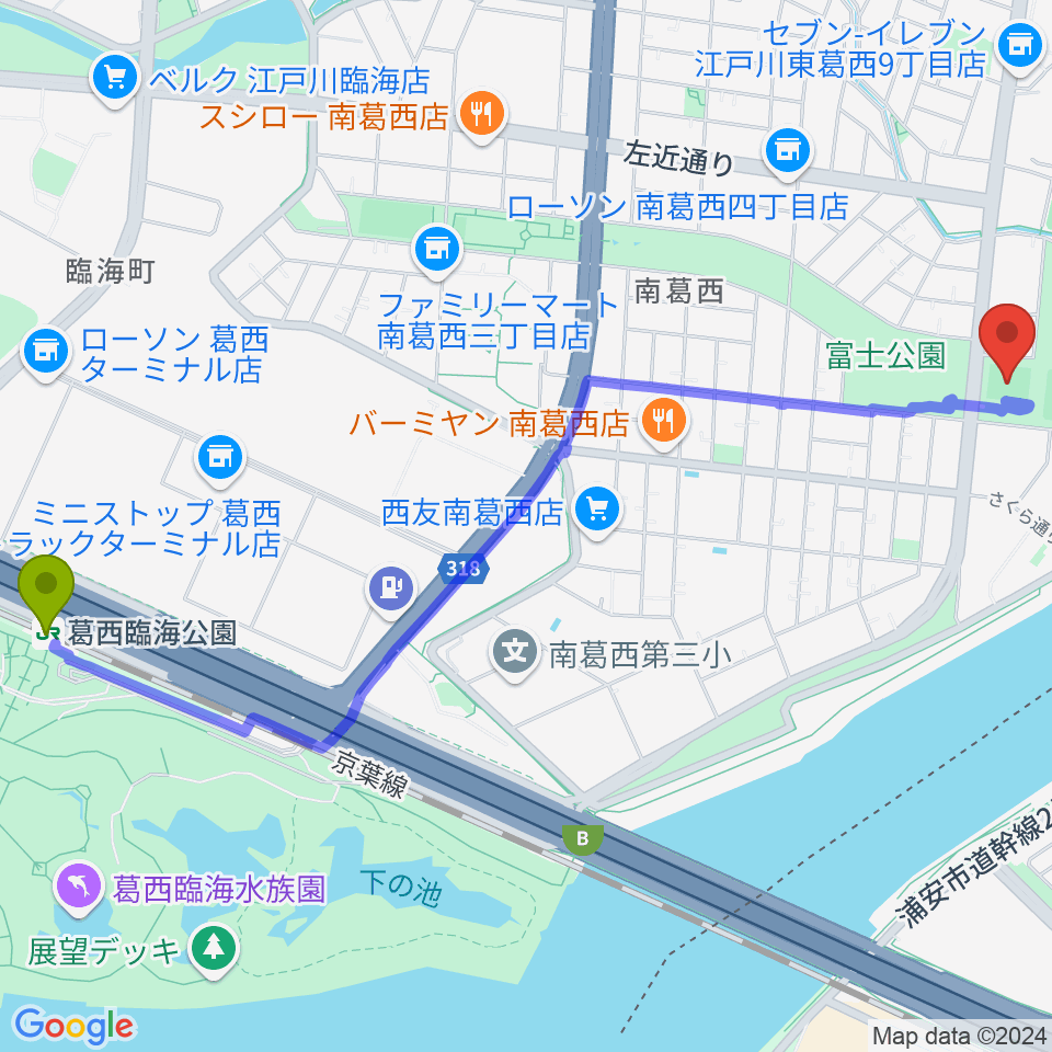 葛西臨海公園駅からなぎさ公園スポーツ広場へのルートマップ地図