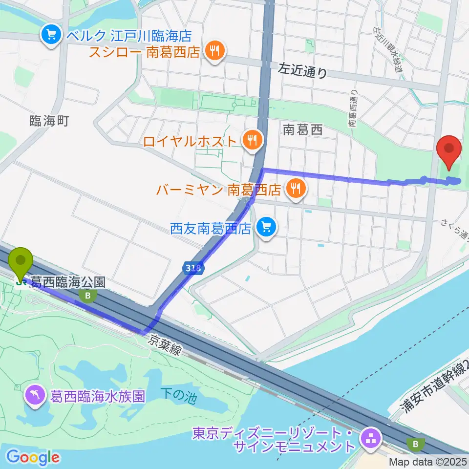 葛西臨海公園駅からなぎさ公園スポーツ広場へのルートマップ地図