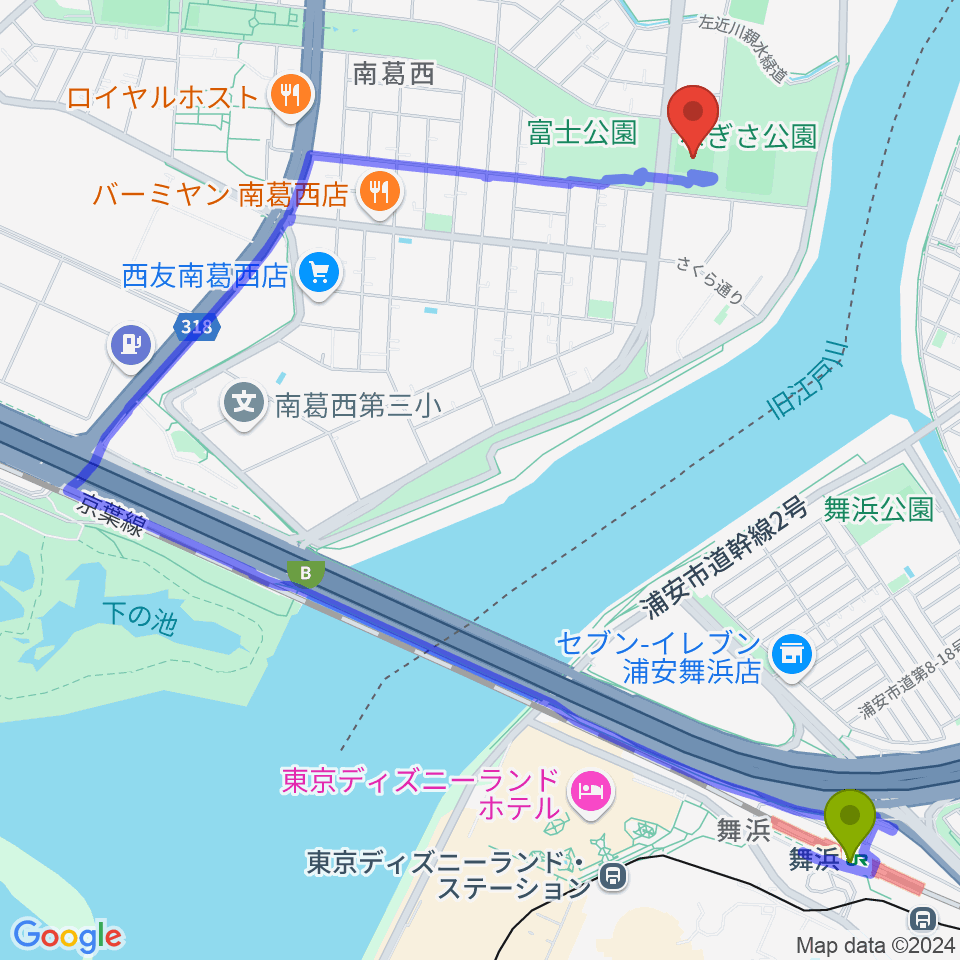 なぎさ公園スポーツ広場の最寄駅舞浜駅からの徒歩ルート（約23分）地図