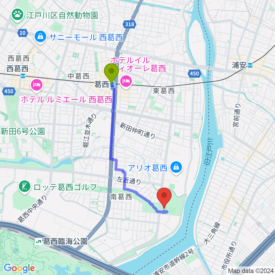 葛西駅からなぎさ公園スポーツ広場へのルートマップ地図