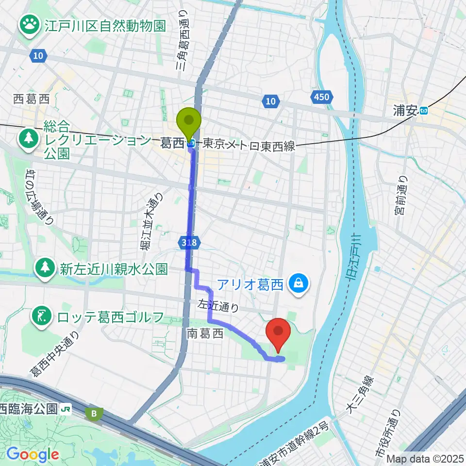 葛西駅からなぎさ公園スポーツ広場へのルートマップ地図