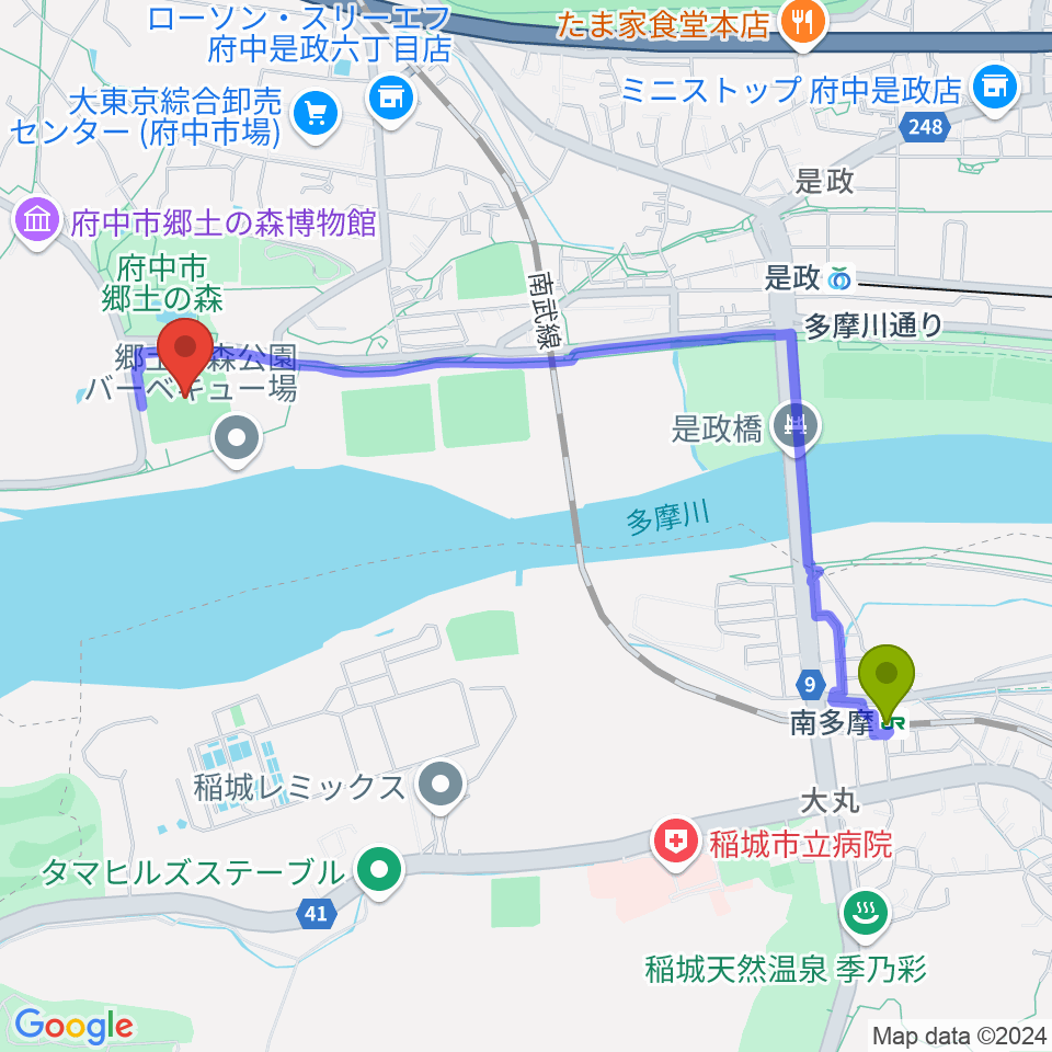 南多摩駅から郷土の森第一野球場へのルートマップ地図