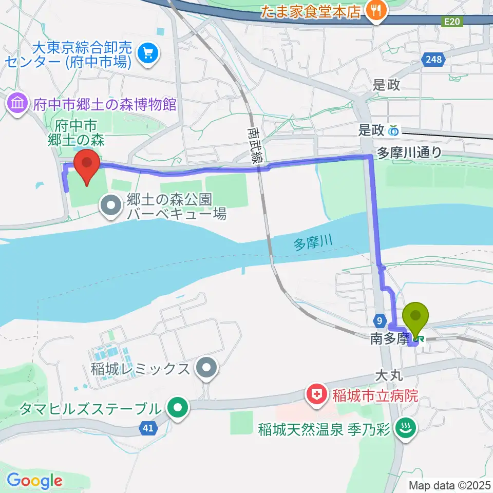 南多摩駅から郷土の森第一野球場へのルートマップ地図
