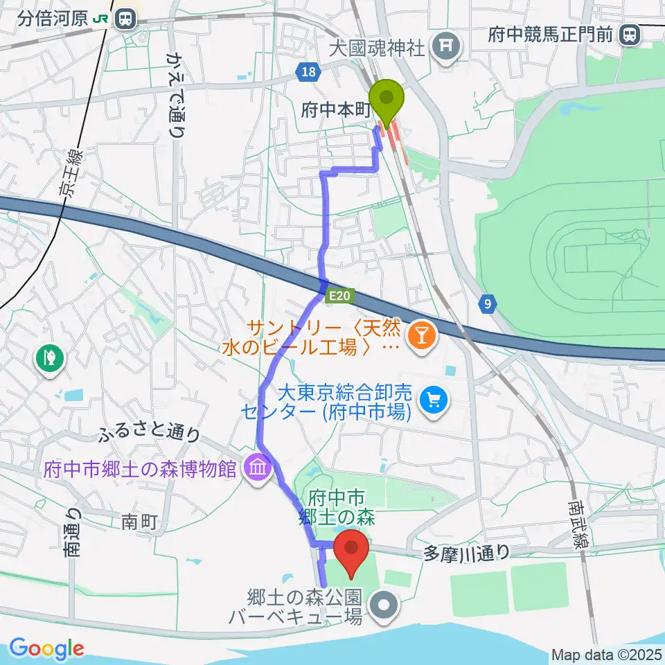 府中本町駅から郷土の森第一野球場へのルートマップ地図