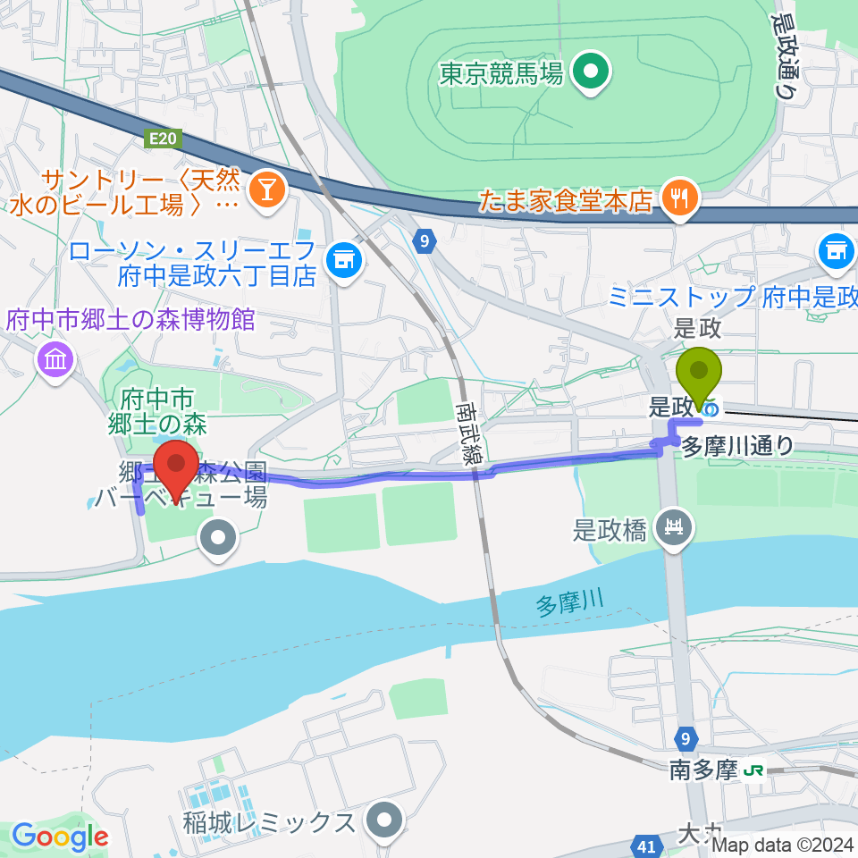 郷土の森第一野球場の最寄駅是政駅からの徒歩ルート（約19分）地図