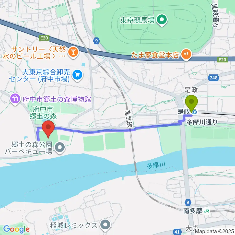 郷土の森第一野球場の最寄駅是政駅からの徒歩ルート（約19分）地図