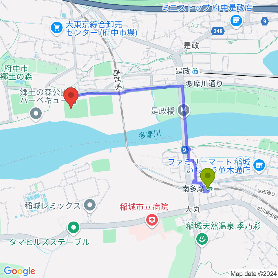 南多摩駅から郷土の森サッカー場へのルートマップ地図