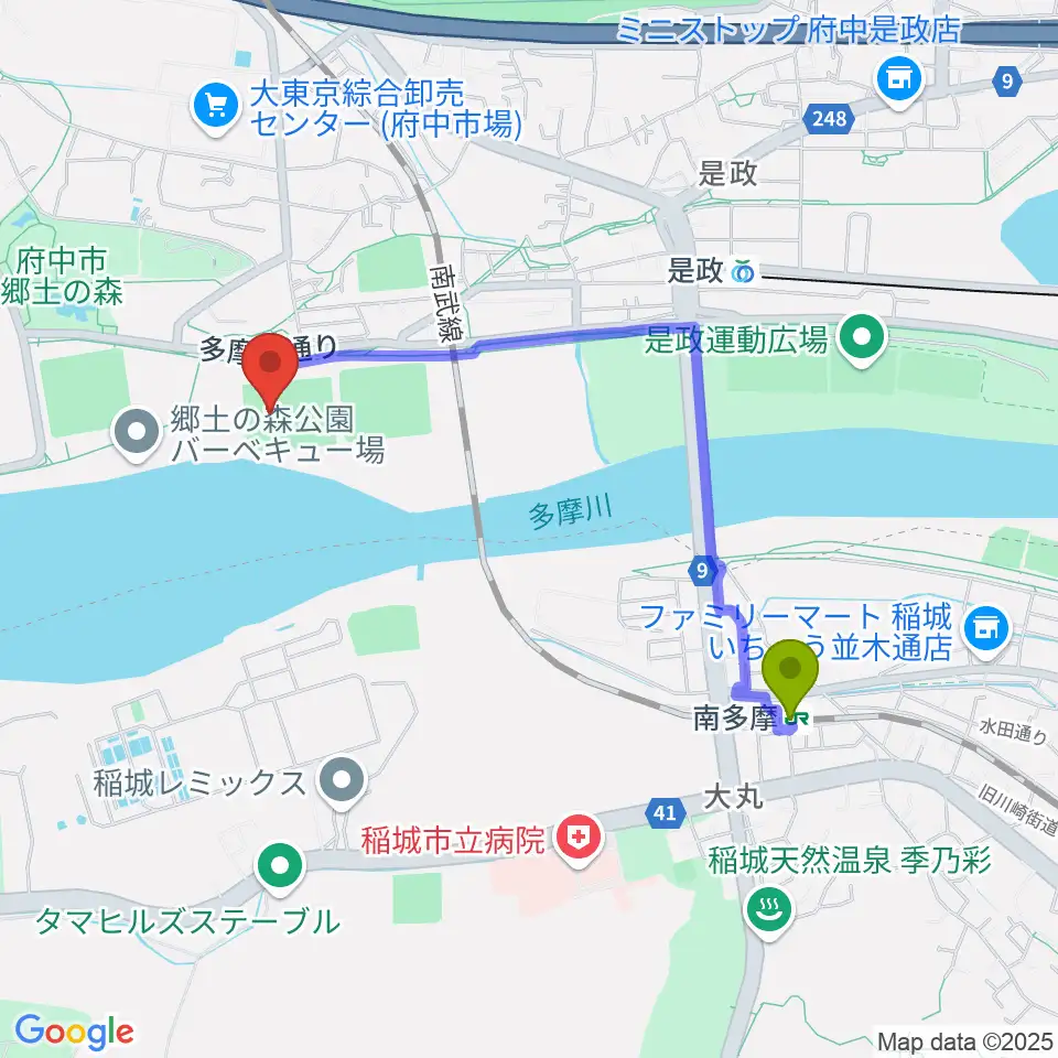 南多摩駅から郷土の森サッカー場へのルートマップ地図