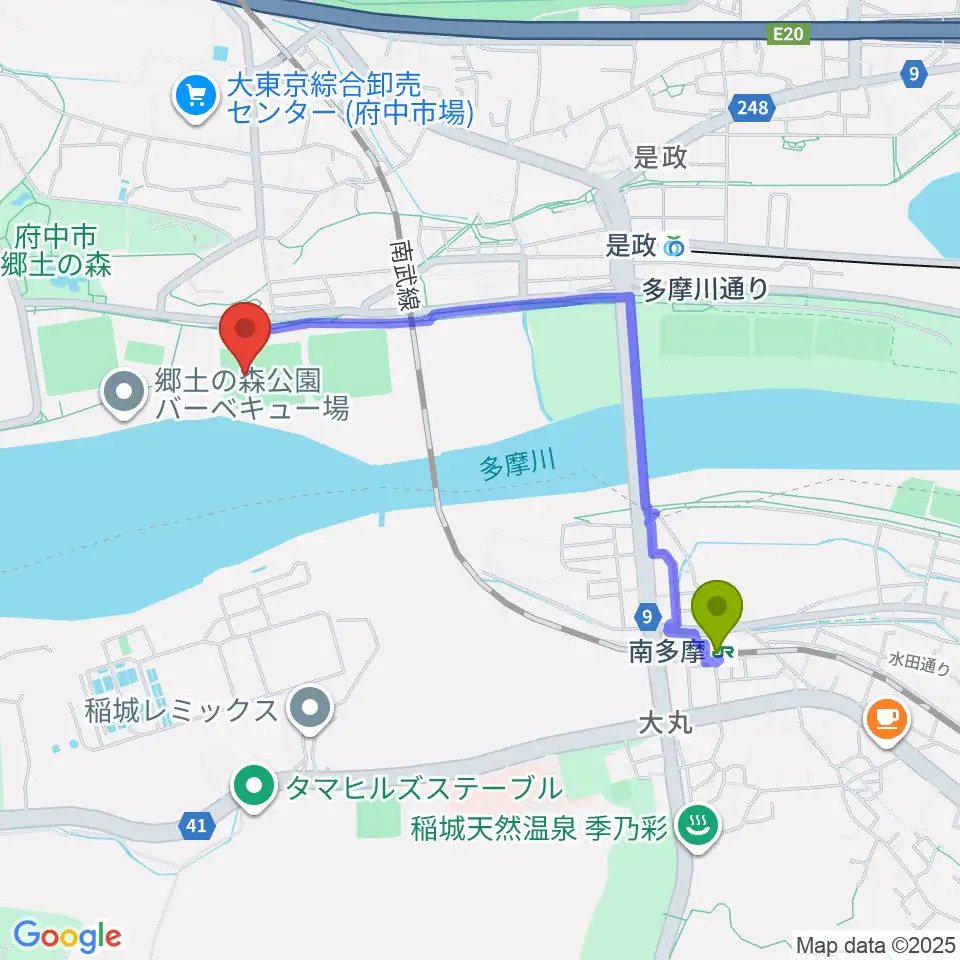 南多摩駅から郷土の森サッカー場へのルートマップ地図