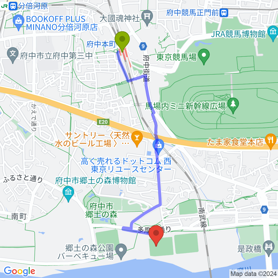 府中本町駅から郷土の森サッカー場へのルートマップ地図